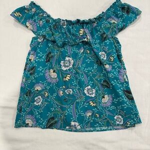 LOFT Linen Blend Teal Floral Flutter Square Neck Blouse, Size M